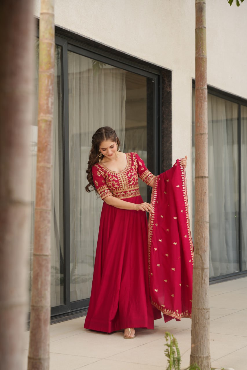 Aadishri Pink Vichitra Silk Gown with multi-sequins and zari embroidery – perfect Indian ethnic wear for weddings, party wear dresses for women, designer gown for women, traditional Indian dress, Indian clothing for women, ethnic wear for girls, gown for wedding function, Indian dress online shopping, full sleeve gown for women, festive wear for ladies.